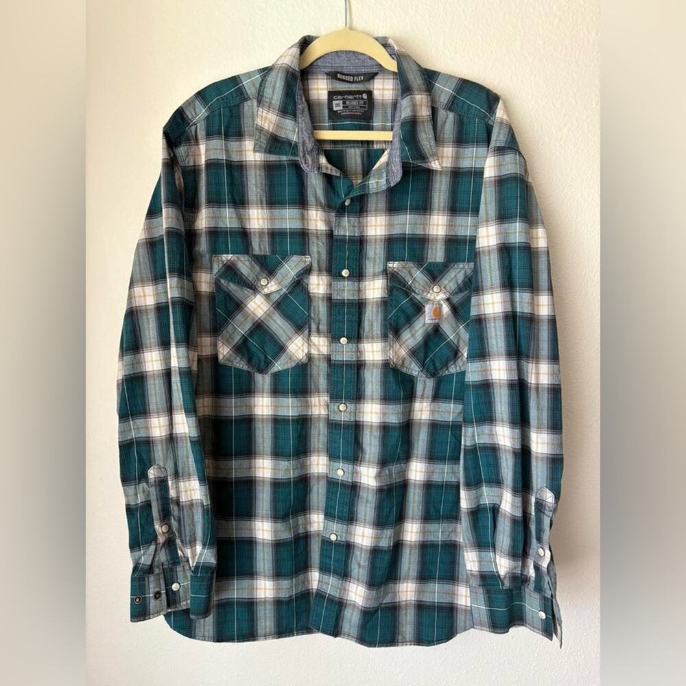 Carhartt rugged flex plaid green button up streetwear utility western grunge 90s